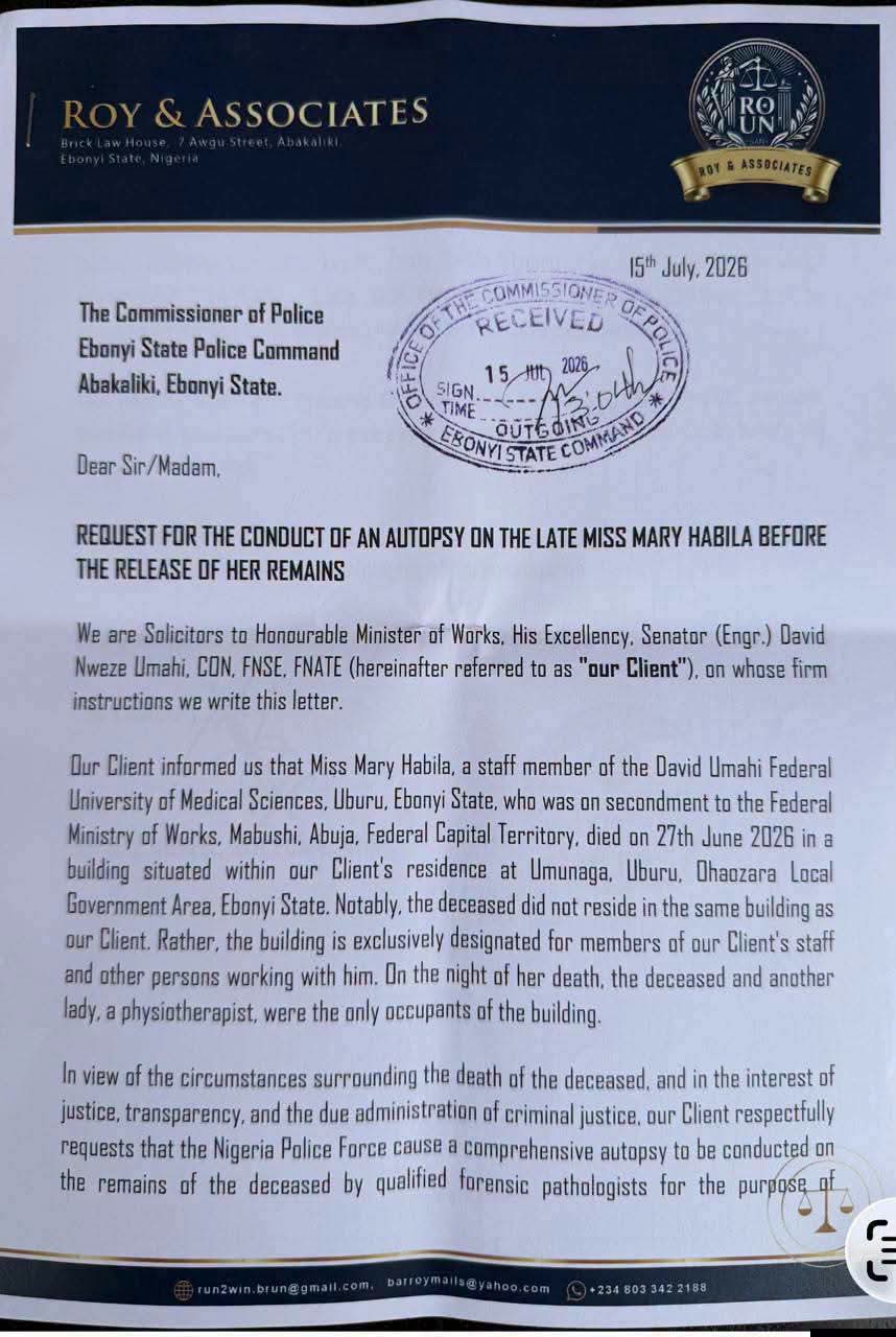 FB_IMG_1784203383858 - THEWILL NEWS MEDIA Formal letter on Roy & Associates letterhead with a received stamp dated 15 July 2026, about an autopsy request.