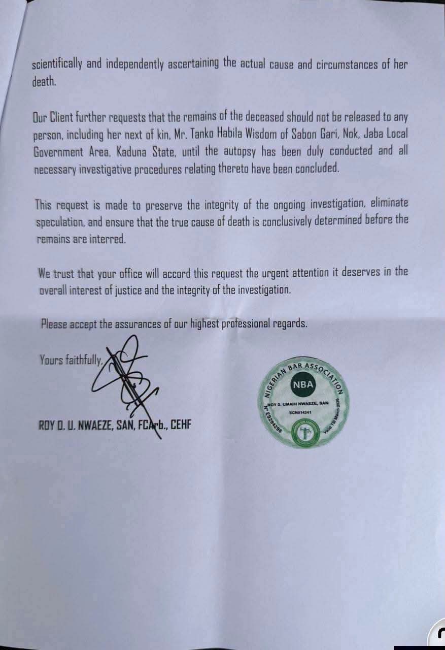 Formal letter on white paper with the Nigerian Bar Association seal and a signature, discussing an investigation into a death and urging preservation of remains.