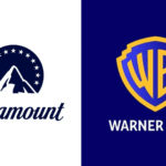 12 U.S. States Sue To Block Paramount–Warner Bros. Discovery Mega Merger Split image showing two film logos: left is Paramount with mountain peak, circular star ring and script 'Paramount'; right is Warner Bros. shield logo on blue with gold outline and 'WARNER BROS.' text.