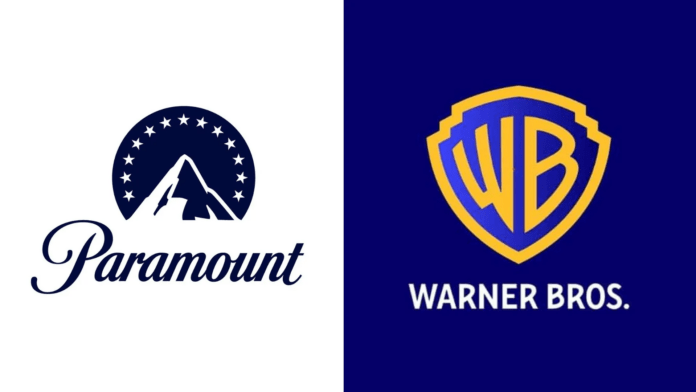 Split image showing two film logos: left is Paramount with mountain peak, circular star ring and script 'Paramount'; right is Warner Bros. shield logo on blue with gold outline and 'WARNER BROS.' text.