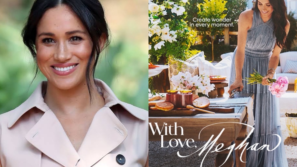 Meghan on With 'Love, Meghan.' Credit: Jenna Peffley / Netflix - THEWILL NEWS MEDIA Left: close-up of a smiling woman with dark hair wearing a light trench coat. Right: outdoor wedding-style table setup with flowers and a woman in a blue dress; text reads 'With Love, Meghan'.