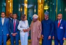 We’re Building Necessary Future For Our People – Tinubu Tells Deloitte, Defends Economic Reforms Group of formally dressed officials shake hands in a ceremonial setting with teal curtains and gold pillars in the background.