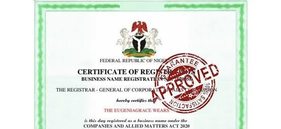 A representation of a registered company. Photo credit: Instagram-cacregistrationbyteadar - THEWILL NEWS MEDIA Certificate of registration with an official 'APPROVED' stamp and green border, indicating a registered business in Nigeria.