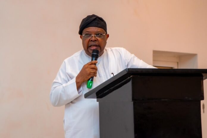 Minister of Power, Joseph Tegbe Man wearing a white traditional outfit and black cap speaks into a microphone at a podium in a formal setting.