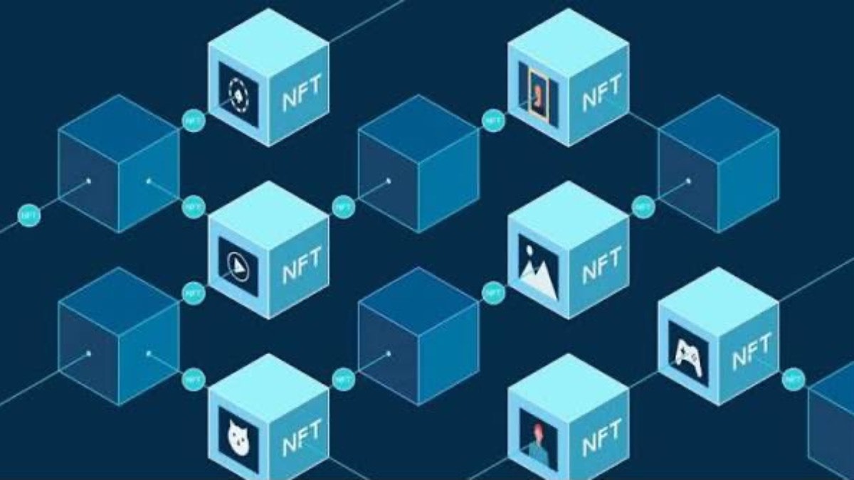 A blockchain illustration. Photocredit: Stanfordonline - THEWILL NEWS MEDIA Network of blue NFT cubes connected on a dark blue background, each labeled NFT with icons representing art, music, games, and collectibles.