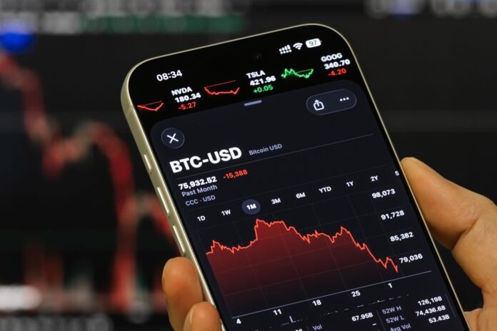 Close-up of a smartphone screen showing a crypto trading app with BTC-USD and red price charts on a dark background.