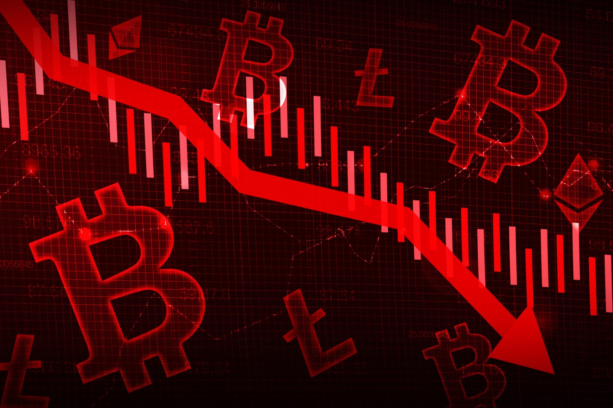 Red abstract background with Bitcoin symbols and a downward stock chart trend for a fall in crypto prices, conveying a market downturn