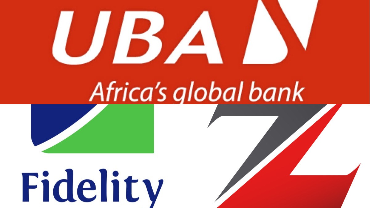 (A collage of Fidelity Bank, Zenith Bank and UBA. Photocredit: (Fidelity Bank:seeklogo) (UBA Bank: UBA) )ZenithBank: CrystalPNG) - THEWILL NEWS MEDIA Collage of three bank logos: UBA, Fidelity, and a stylized red-gray Z mark.