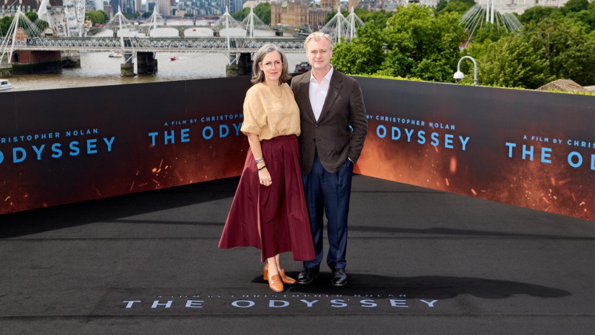Sir Christopher Nolan and his wife, Dame Emma Thomas, at a promotional photo call for “The Odyssey” in London. Credit: Universal Pictures via Instagram - THEWILL NEWS MEDIA