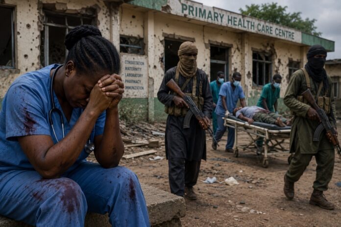 A healthcare worker sits in despair outside a damaged medical facility as armed men patrol nearby and colleagues evacuate a patient, illustrating the growing threat of violence against Nigeria's healthcare sector amid escalating insecurity. Photo Illustration: AI-generated/THEWILL