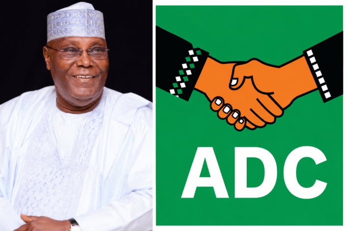 Former Vice President Atiku Abubakar, the African Democratic Congress (ADC) presidential candidate for the 2027 general elections, pictured alongside the party's logo after the Court of Appeal nullified the Federal High Court judgement ordering the deregistration of the ADC and four other political parties, reaffirming their legal status.