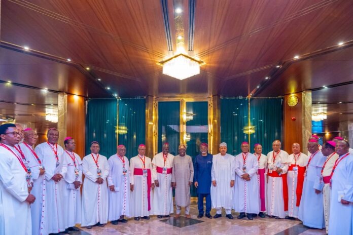 Bola Tinubu poses for a group photograph with leaders of the Catholic Bishops' Conference of Nigeria (CBCN), led by Archbishop Matthew Ndagoso, after a meeting at the Presidential Villa, Abuja, on Tuesday, July 28, 2026. Photo Credit: State House.