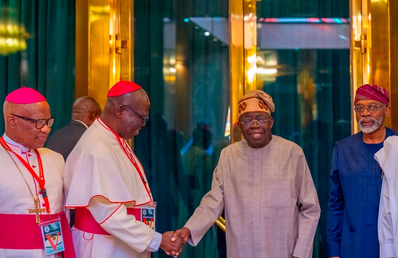 President Bola Tinubu exchanges a handshake with Cardinal Peter Okpaleke during a meeting with the leadership of the Catholic Bishops' Conference of Nigeria (CBCN) at the Presidential Villa, Abuja, on Tuesday, July 28, 2026. Photo Credit: State House - THEWILL NEWS MEDIA
