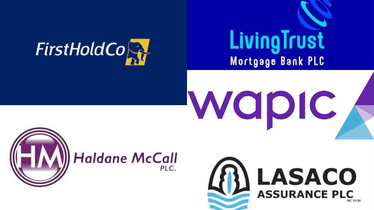 Top Gainers for the session - THEWILL NEWS MEDIA Collage of five financial services logos: FirstHoldCo, LivingTrust Mortgage Bank PLC, Wapic, Haldane McCall PLC, and Lasaco Assurance PLC.