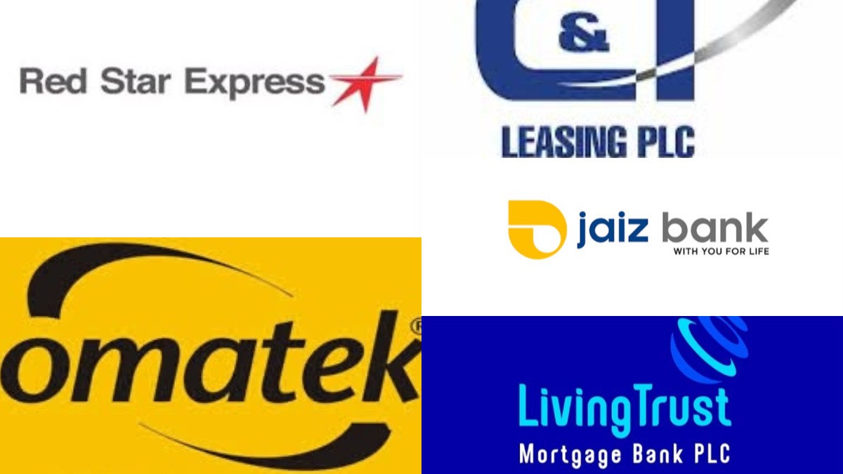 Top Decliners for the session - THEWILL NEWS MEDIA Collage of five corporate logos: Red Star Express, Leasing PLC, Jaiz Bank, Omatek, and LivingTrust Mortgage Bank PLC.
