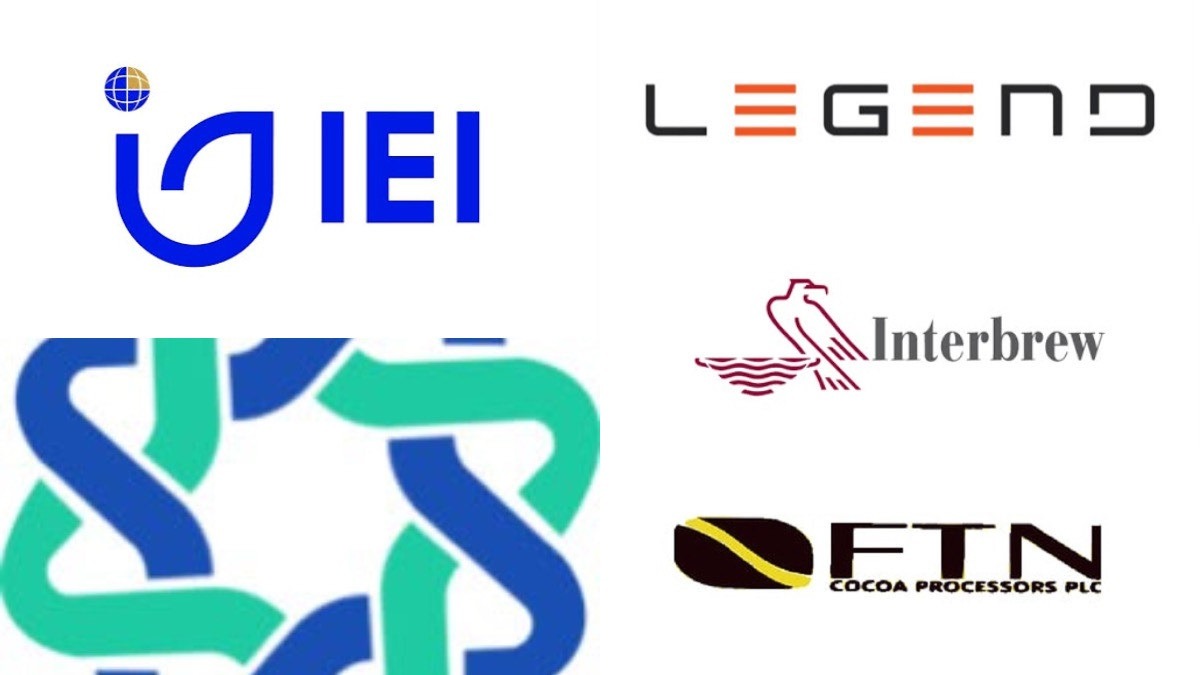 Interbrew, Ftn cocoa, Legend - THEWILL NEWS MEDIA Collage of company logos: IEI (blue), Legend (orange/black), Interbrew (bird emblem), FTN Cocoa Processors PLC (black and yellow), and an abstract blue-green interlocking ribbon design on the left.
