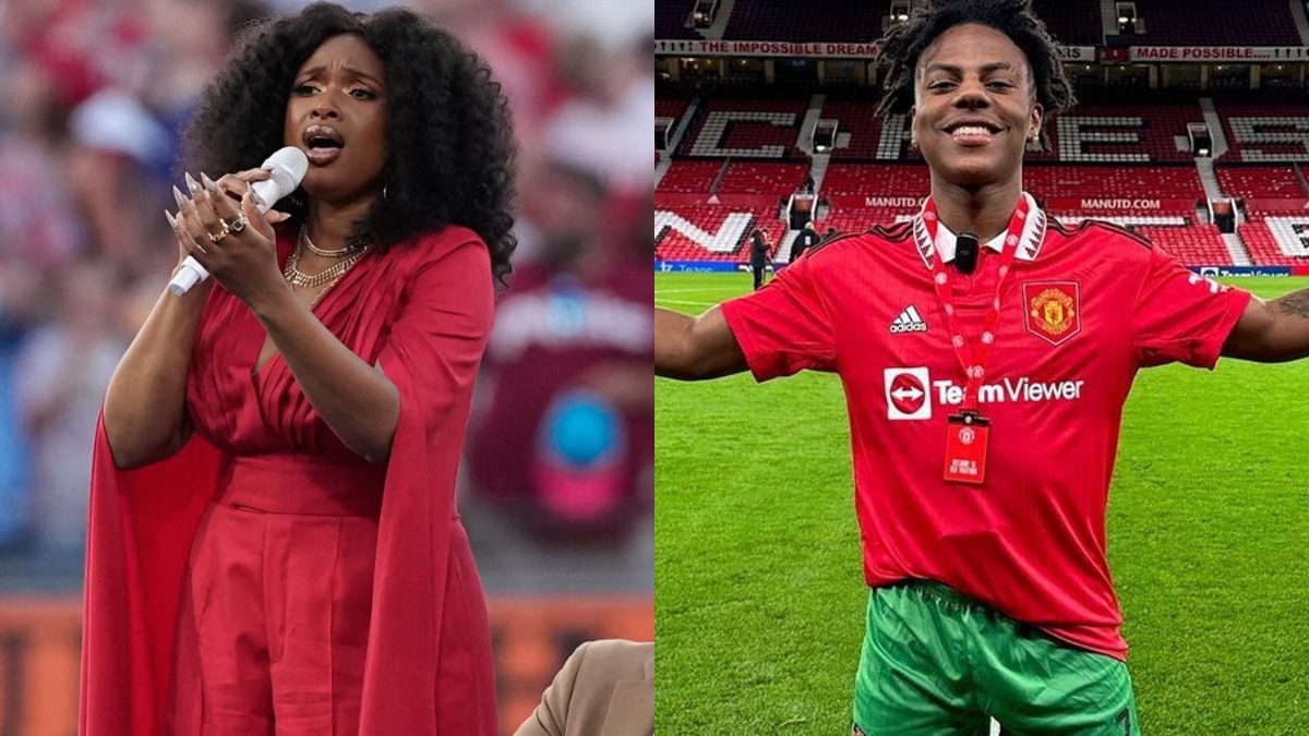 Split image: left side shows a woman in a red outfit singing into a microphone on stage; right side shows a soccer player in a red Manchester United jersey celebrating on the field.