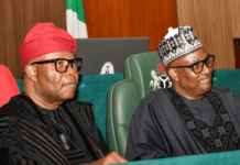 Challenge Us Where We Fail — Akpabio Throws NASS Doors Open To Nigerian Two Nigerian men in traditional attire sit side by side at a formal conference table, with a flag and green chairs in the background.
