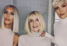 Kim Kardashian Leads Tributes After Grandma MJ Dies At 91 Three women with blonde hair in white outfits pose together and smile at the camera.
