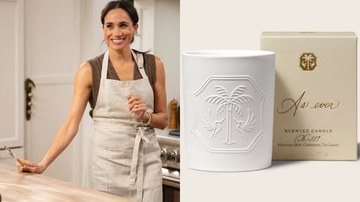 Meghan & As Ever Brand Candle - THEWILL NEWS MEDIA Woman in a beige apron leans on a kitchen island and smiles at the camera; a warm, homey scene on the left side of the image.