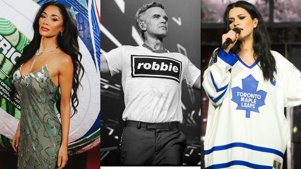 Three performers on stage: left a woman in a silver-green dress posing by colorful balloons, center a man wearing a'robbie' shirt with arms raised, right a woman in a white Toronto Maple Leafs jersey singing into a microphone.