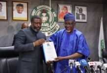 Segun Aina Assumes Office As JAMB Registrar, Declares War On Exam Malpractice Prof. Is-haq Oloyede and Prof. Segun Aina (2)
