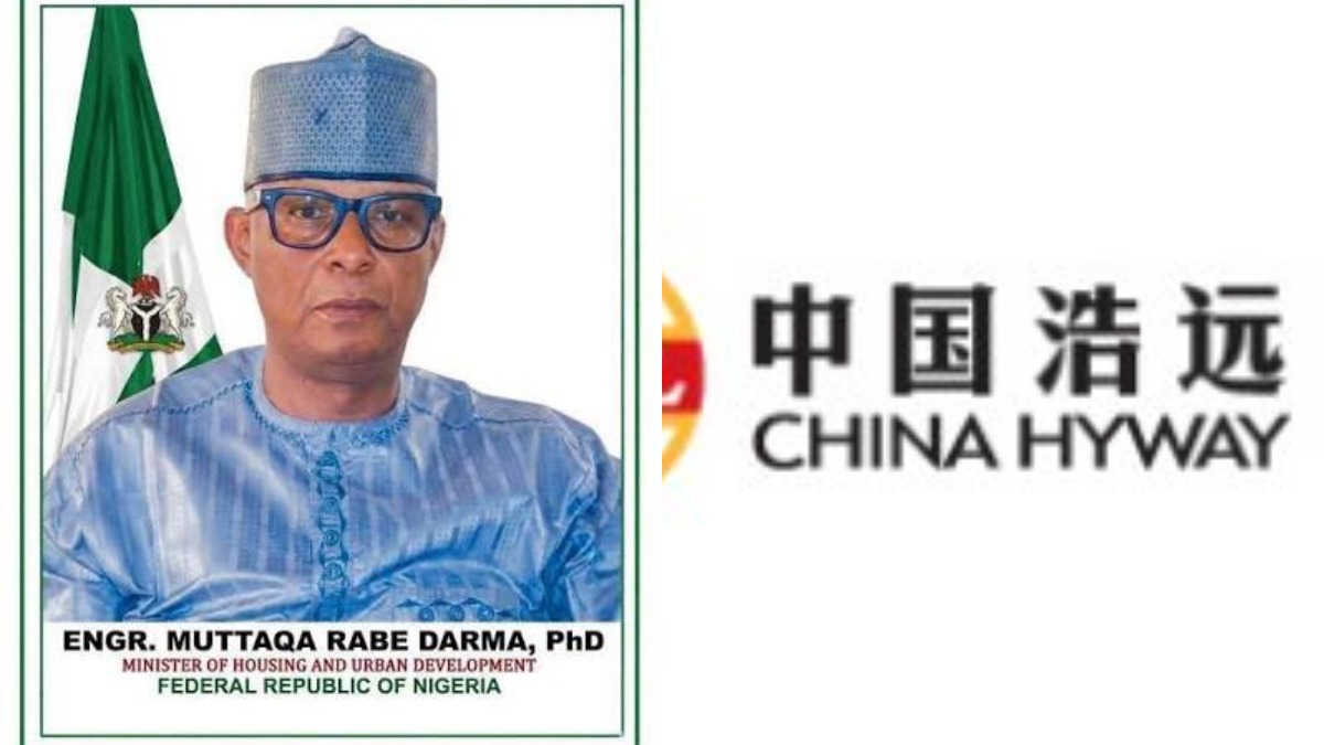 Rabe Darma, Minister of Housing and Urban Development, China Hyway logo - THEWILL NEWS MEDIA Portrait of Engr. Muttaqa Rabe Darma, PhD, Minister of Housing and Urban Development, Federal Republic of Nigeria, in blue attire with Nigerian flag in background.