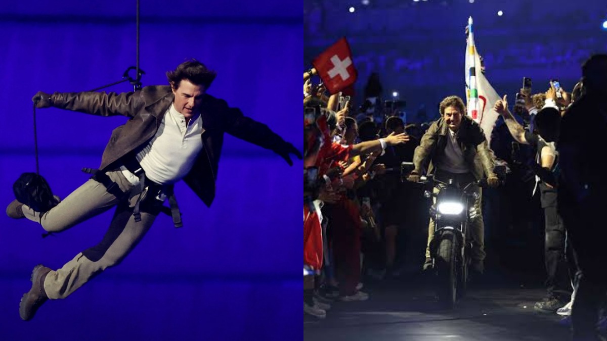 Stuntman suspended on a harness mid‑air against a blue background on the left, and a man riding a motorcycle through a cheering crowd on the right at a nighttime event