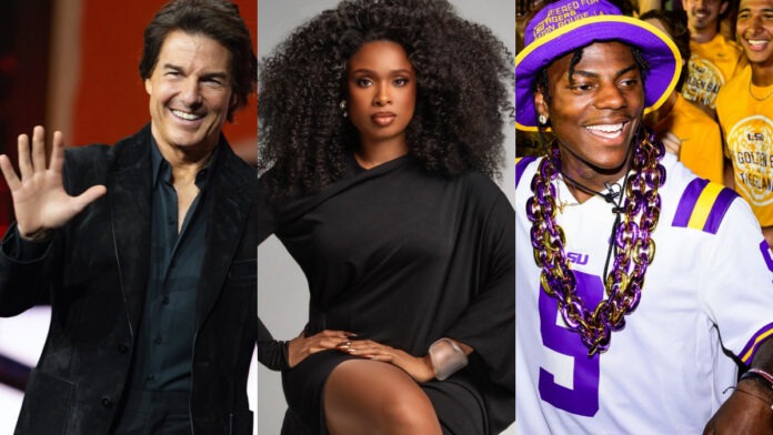 Collage of three people: a man in a black blazer waving, a woman in a black dress with curly hair posing, and an LSU fan in purple and gold smiling.