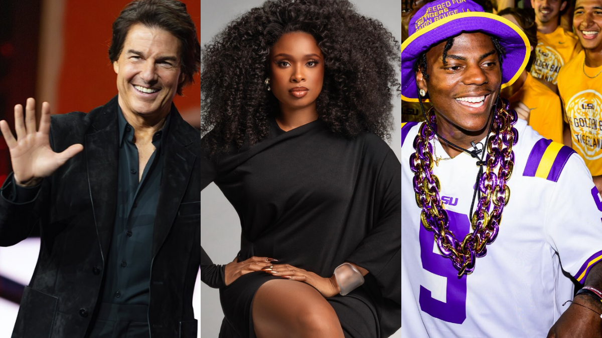 Collage of three people: a man in a black blazer waving, a woman in a black dress with curly hair posing, and an LSU fan in purple and gold smiling.