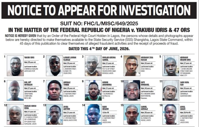 Wanted Public notice listing 16 mugshots with names, ages, and last known locations for investigation (titled Notice to Appear for Investigation).