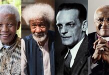 FULL LIST: 20 African Nobel Prize Laureates Who Made History Collage of four elderly men of African descent: a smiling man in a patterned shirt, a man with a white Afro, a black-and-white portrait of a man in a suit, and a clergyman with glasses and clasped hands.