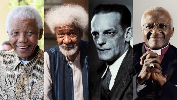 Collage of four elderly men of African descent: a smiling man in a patterned shirt, a man with a white Afro, a black-and-white portrait of a man in a suit, and a clergyman with glasses and clasped hands.