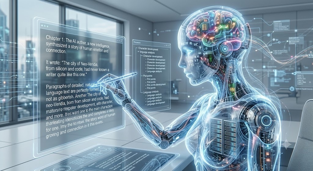 Artificial intelligence AI - THEWILL NEWS MEDIA Transparent humanoid robot interacts with holographic text panels in a high-tech lab.