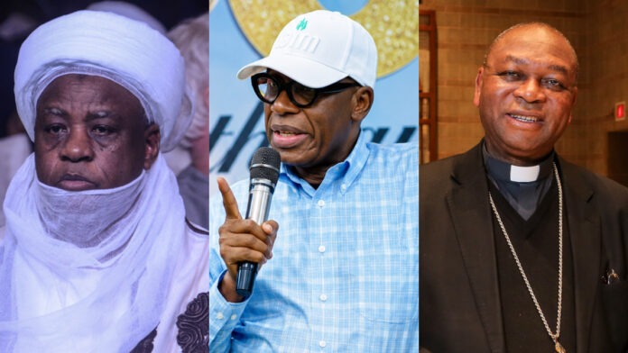 L-R: The Sultan of Sokoto Muhammadu Saad Abubakar, Rotimi Amaechi and Cardinal John Olorunfemi Onaiyekan. [Photo Credit: Getty Images]