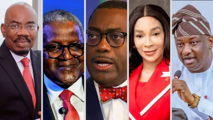 L-R: Jim Ovia, Aliko Dangote, Dr Akinwumi Adesina, Adaora Umeoji and Festus Keyamo. L-R: Jim Ovia, Aliko Dangote, Dr Akinwumi Adesina, Adaora Umeoji and Festus Keyamo.