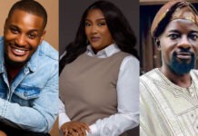 8 Nollywood Stars Who Died In 2026 Collage of three adults: a smiling man in a light denim jacket on the left, a woman in a beige sleeveless top over a white shirt in the center, and a man in traditional white attire with a head wrap on the right.