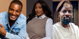 8 Nollywood Stars Who Died In 2026 Collage of three adults: a smiling man in a light denim jacket on the left, a woman in a beige sleeveless top over a white shirt in the center, and a man in traditional white attire with a head wrap on the right.