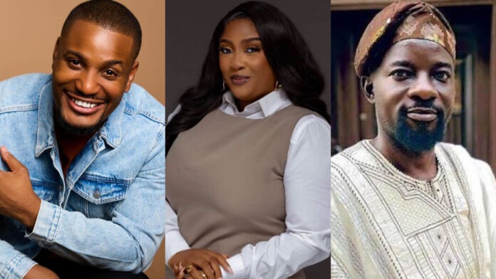 nollywood stars headline Collage of three adults: a smiling man in a light denim jacket on the left, a woman in a beige sleeveless top over a white shirt in the center, and a man in traditional white attire with a head wrap on the right.